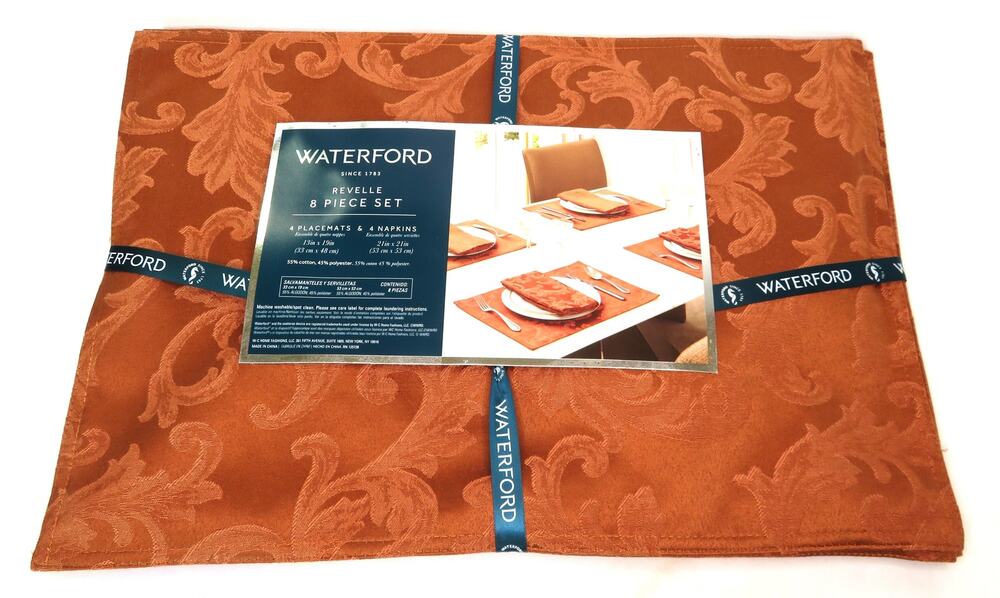 New WATERFORD Damask Revelle 8-Pc Placemat Napkin Set Thanksgiving Fall Luxury